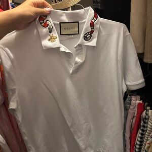 Copy one Gucci White Polo Shirt with Red and Black Snake Detail
